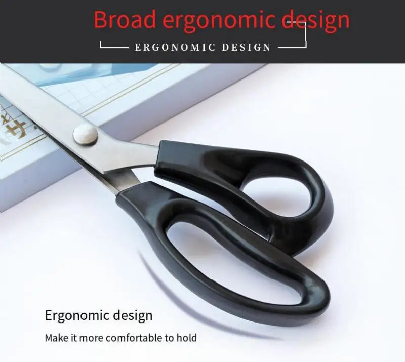 A pair of black stainless steel pinking shears shown with text highlighting ergonomic design.