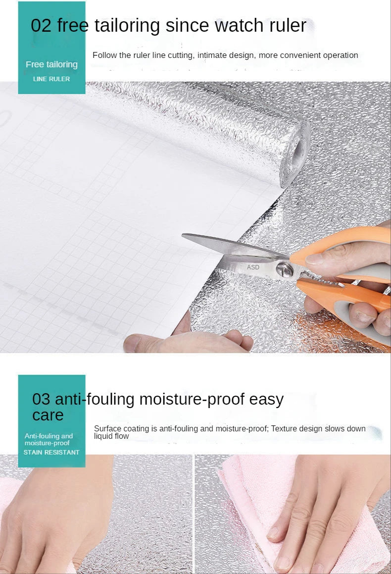Close-up of a heat-resistant oil-proof kitchen stove backsplash sticker being applied to a surface.