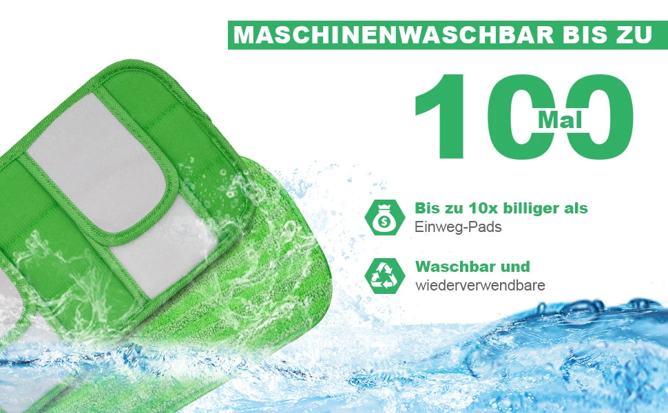 Green reusable microfiber mop pads being washed in water, advertised as machine washable.