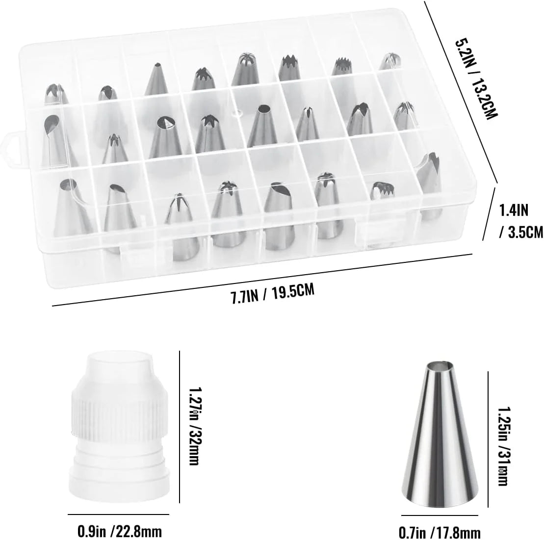 Caja de plástico transparente con diversos tips y accesorios metálicos para decorar pasteles.