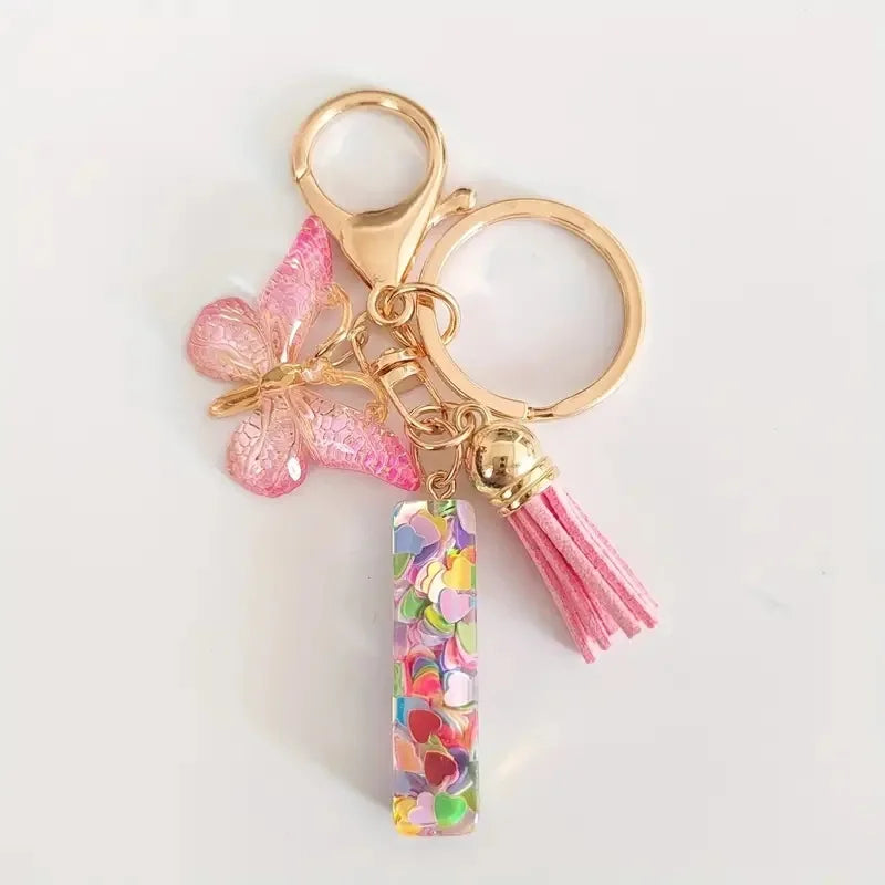 Pink Glitter Butterfly Keychain with Tassel