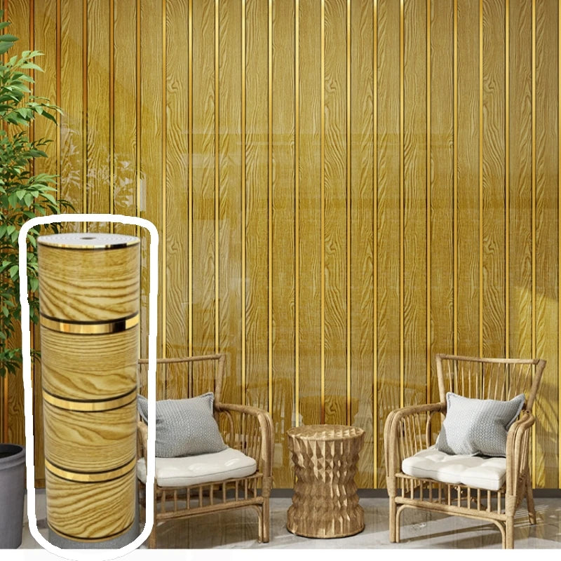 Peel and Stick Wood Slat Wallpaper with Gold Trim