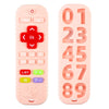 A pink silicone baby teether toy shaped like a remote control with various buttons and numbers.