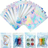 A pack of 40 holographic rainbow self-sealing bags with clear windows containing various cosmetic products.