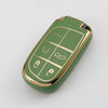 A green and gold durable TPU car key case cover with panic and lock symbols on the surface.