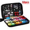 A black storage bag containing a complete sewing kit with various tools and 98 thread colors.