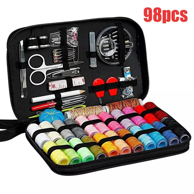 A black storage bag containing a complete sewing kit with various tools and 98 thread colors.