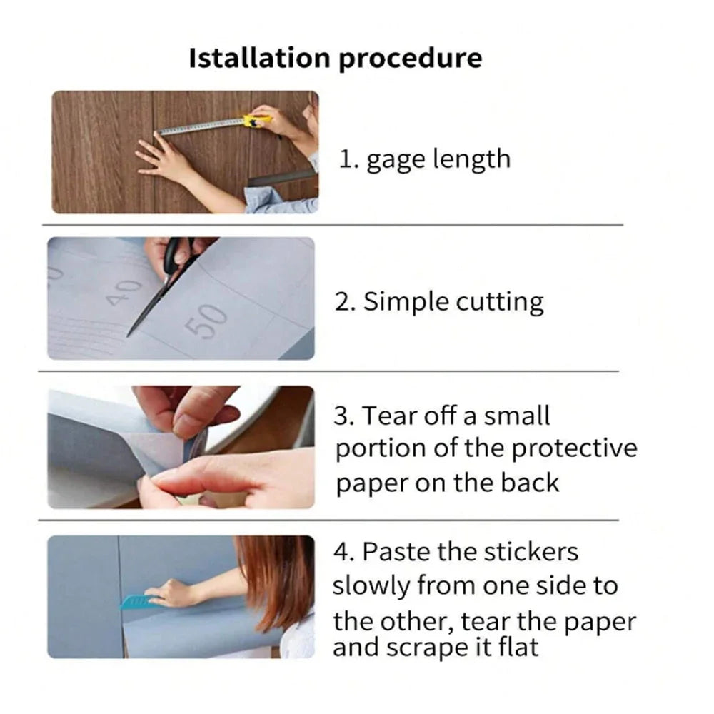 Installation procedure showing steps for applying wood grain self-adhesive wallpaper.