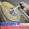 A hand sprays a car headlight with a restoration product, showing the clear lens being cleaned.
