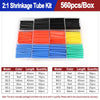 A box of heat shrink tubing kits showing various colors and lengths including black, red, yellow, blue, and green tubing.