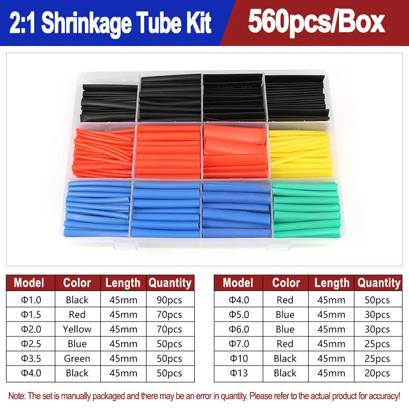 A box of heat shrink tubing kits showing various colors and lengths including black, red, yellow, blue, and green tubing.