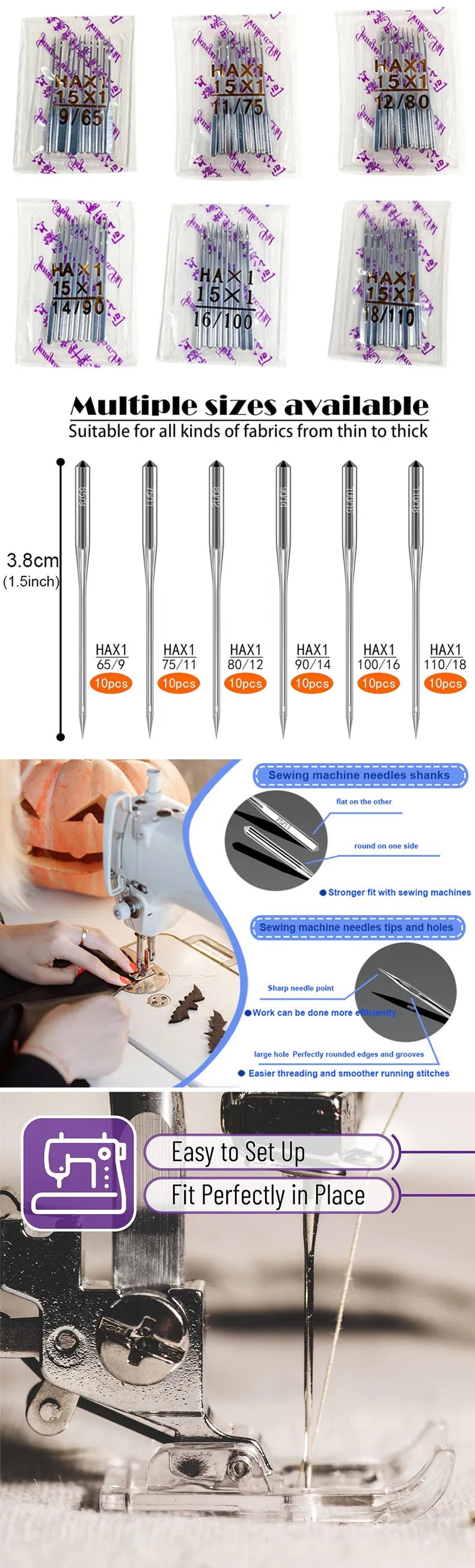 Universal Sewing Machine Needles - Multi-Pack Assorted Sizes for Home Machines
