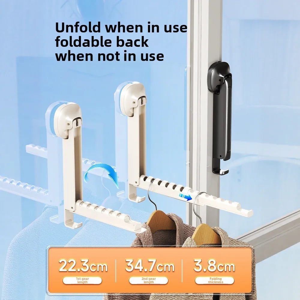 Foldable wall-mounted clothes drying rack with adhesive mount shown in use and folded.