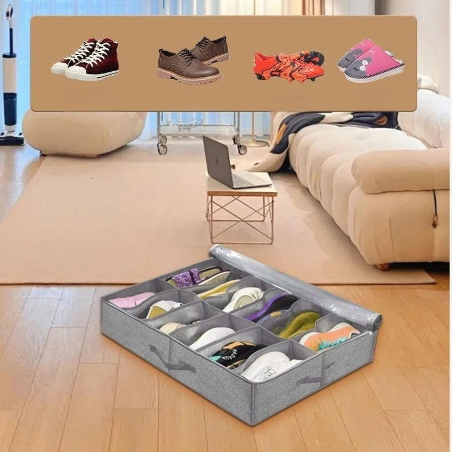 Under-bed shoe storage organizer with a clear window showing various pairs of shoes.