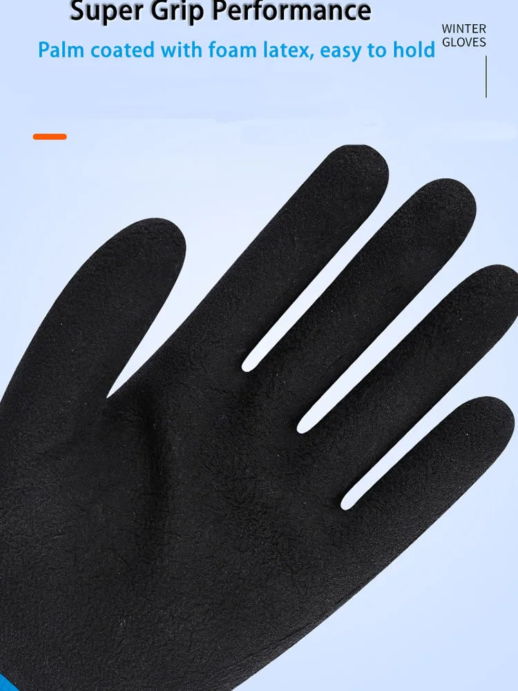 Close-up view of a black palm-coated winter glove showing the texture and fit.