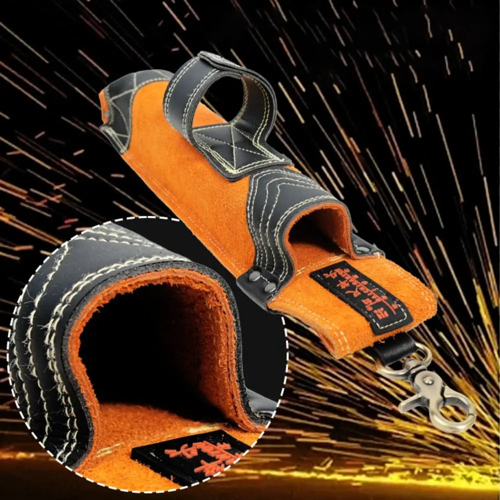 An orange heavy-duty cowhide welding rod storage bag with a hanging hook is shown against a dark, textured background.