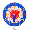 A wooden clock face with numbers and shapes, featuring a red and blue pointer on a blue background.