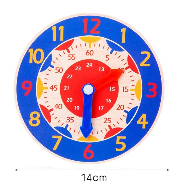 A wooden clock face with numbers and shapes, featuring a red and blue pointer on a blue background.
