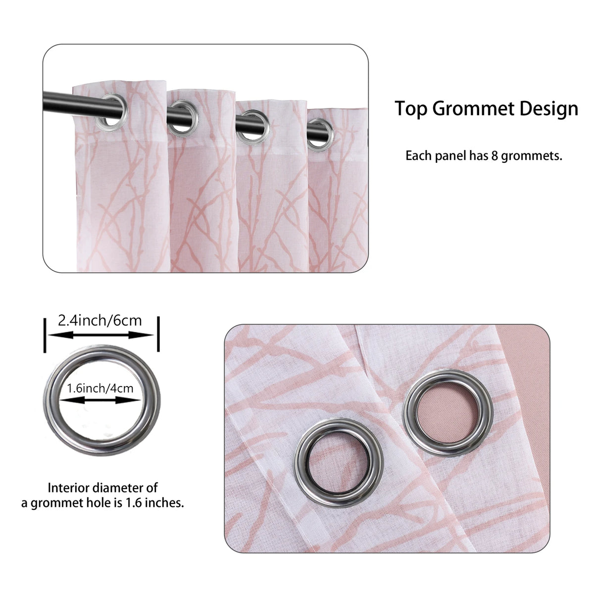Pink sheer window curtains with grommet design and 1.6 inch interior hole diameter