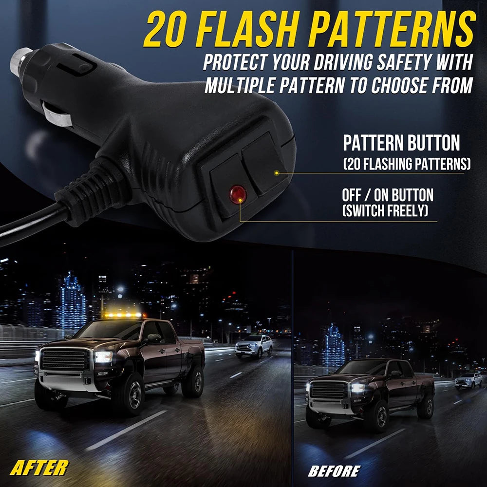 A black LED flash pattern light bar is shown mounted on a truck, with before and after comparisons of its effect.
