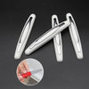 Four silver door edge protector strips are shown, with one strip being held by a hand for scale.