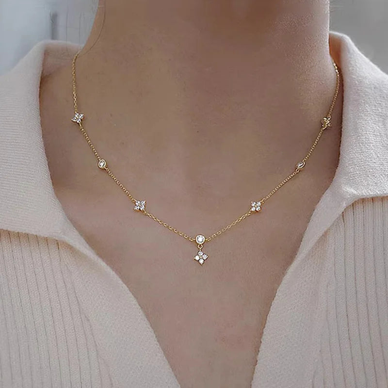 Dainty Lucky Leaf Necklace with White CZ Flowers