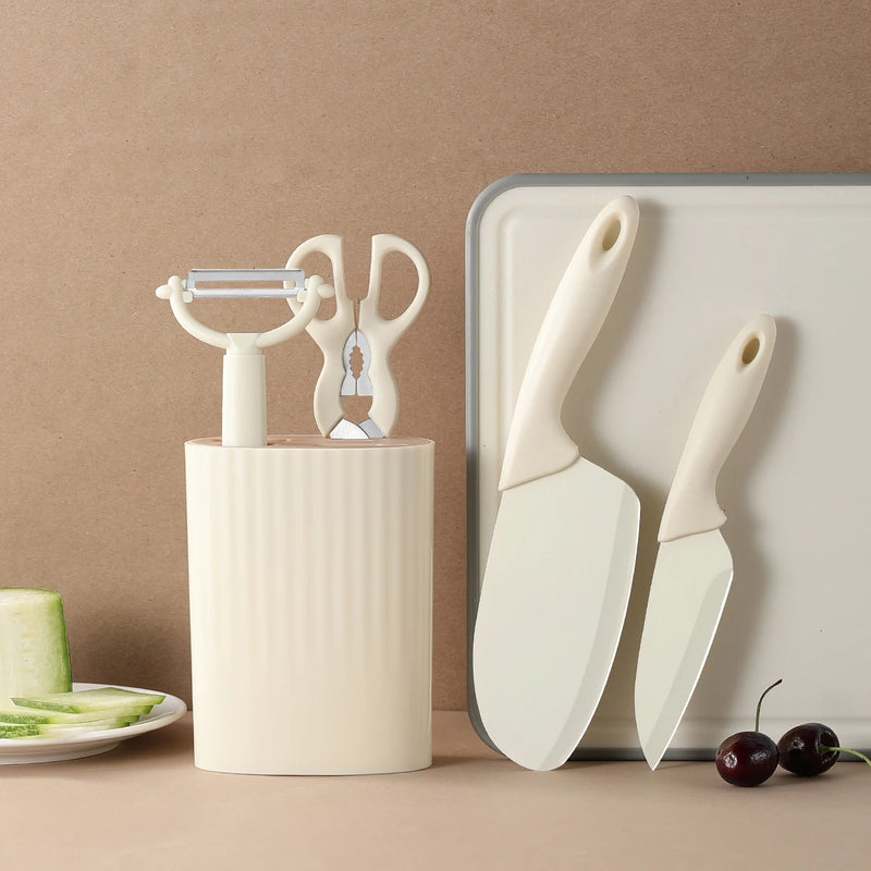 Set de 5 Piezas de Cuchillos y Tijeras de Acero Inoxidable para Cocina [Incluye Soporte] - Juego Completo Doméstico