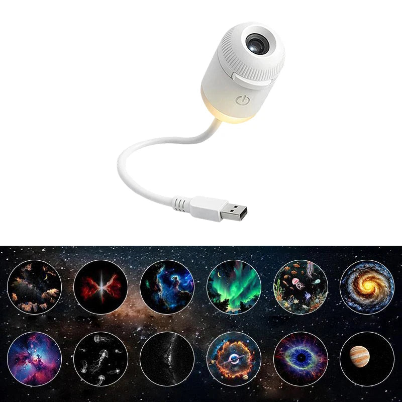 A white mini galaxy star projector night light with a flexible cord and lens, shown alongside various celestial images.