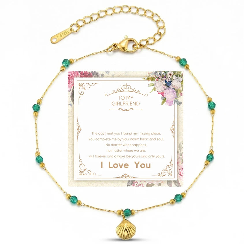Gold chain anklet with green beads and a shell charm for a girlfriend gift
