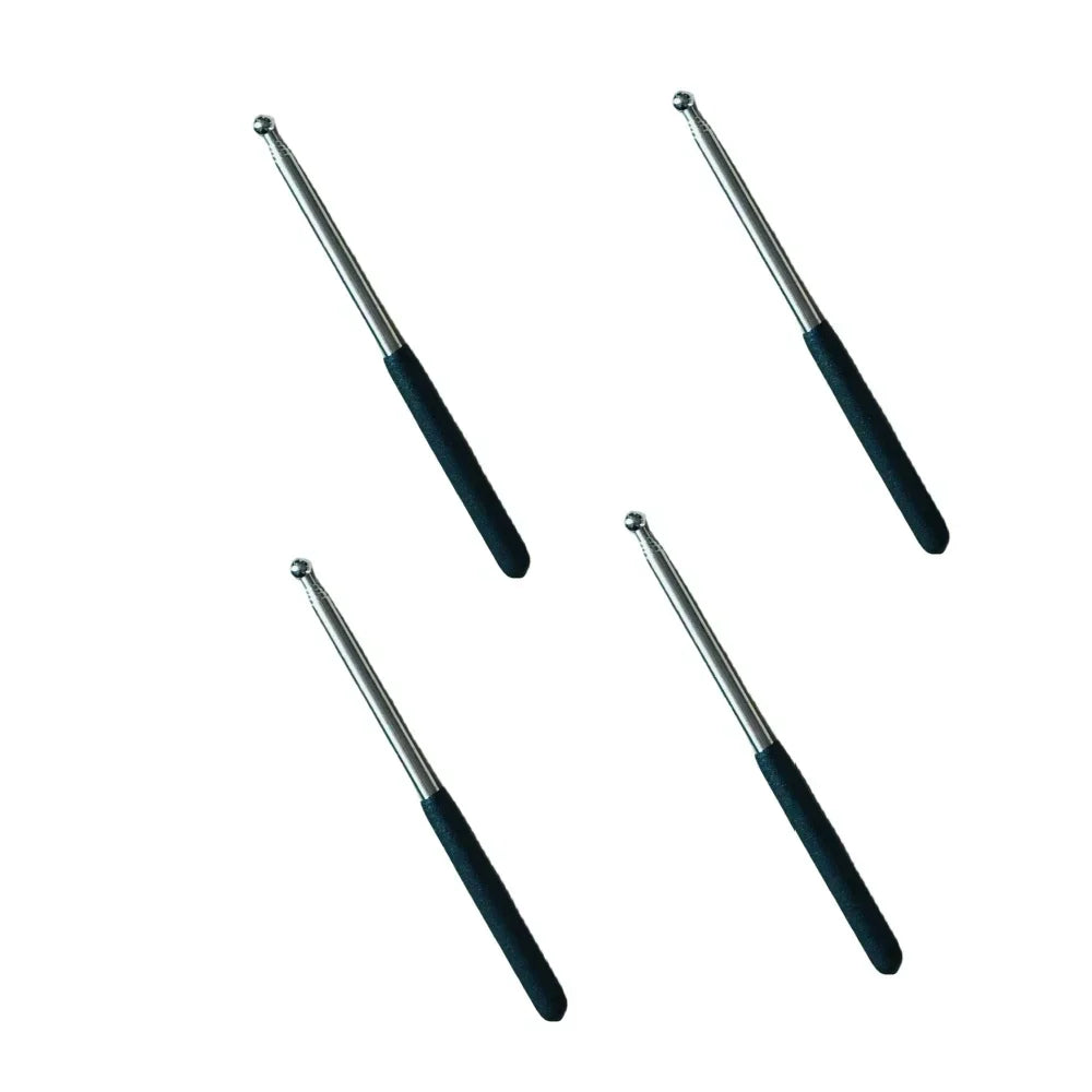 A pair of stainless steel telescopic teacher pointers with black grips.
