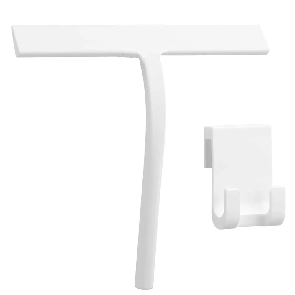 White soft silicone shower squeegee with a hanging hook.