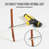 A yellow and black heat-treated steel bit is shown next to a piece of wood, with a close-up view of the bit's tip.