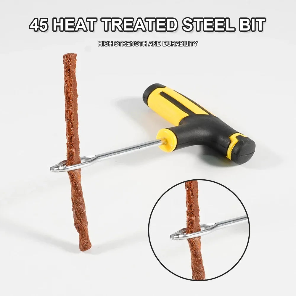 A yellow and black heat-treated steel bit is shown next to a piece of wood, with a close-up view of the bit's tip.