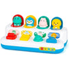 A white interactive pop-up animal sensory toy featuring colorful plastic animals like a green turtle, blue fish, pink cat, an