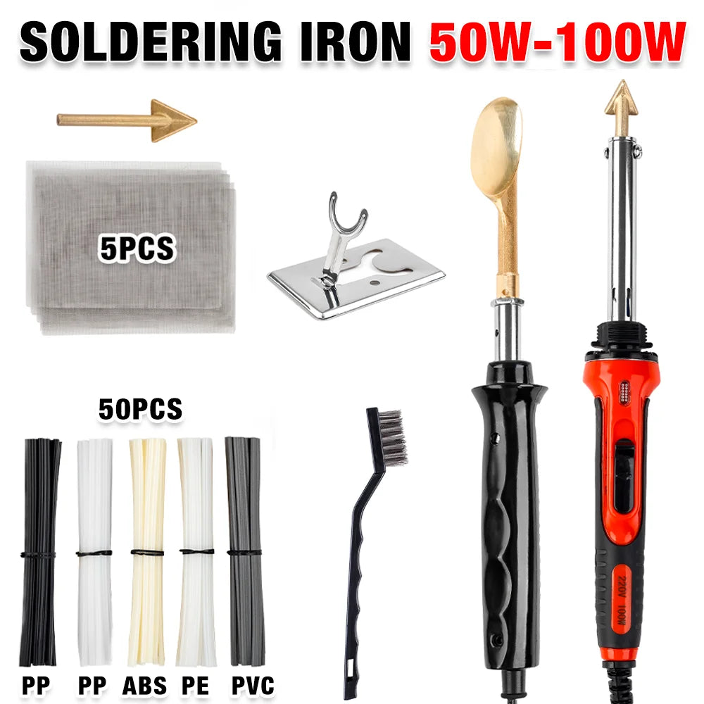 Set of soldering irons and hot staplers including 5 pieces of iron tips, 50 pieces of various tips (PP, ABS, PE, PVC), and an