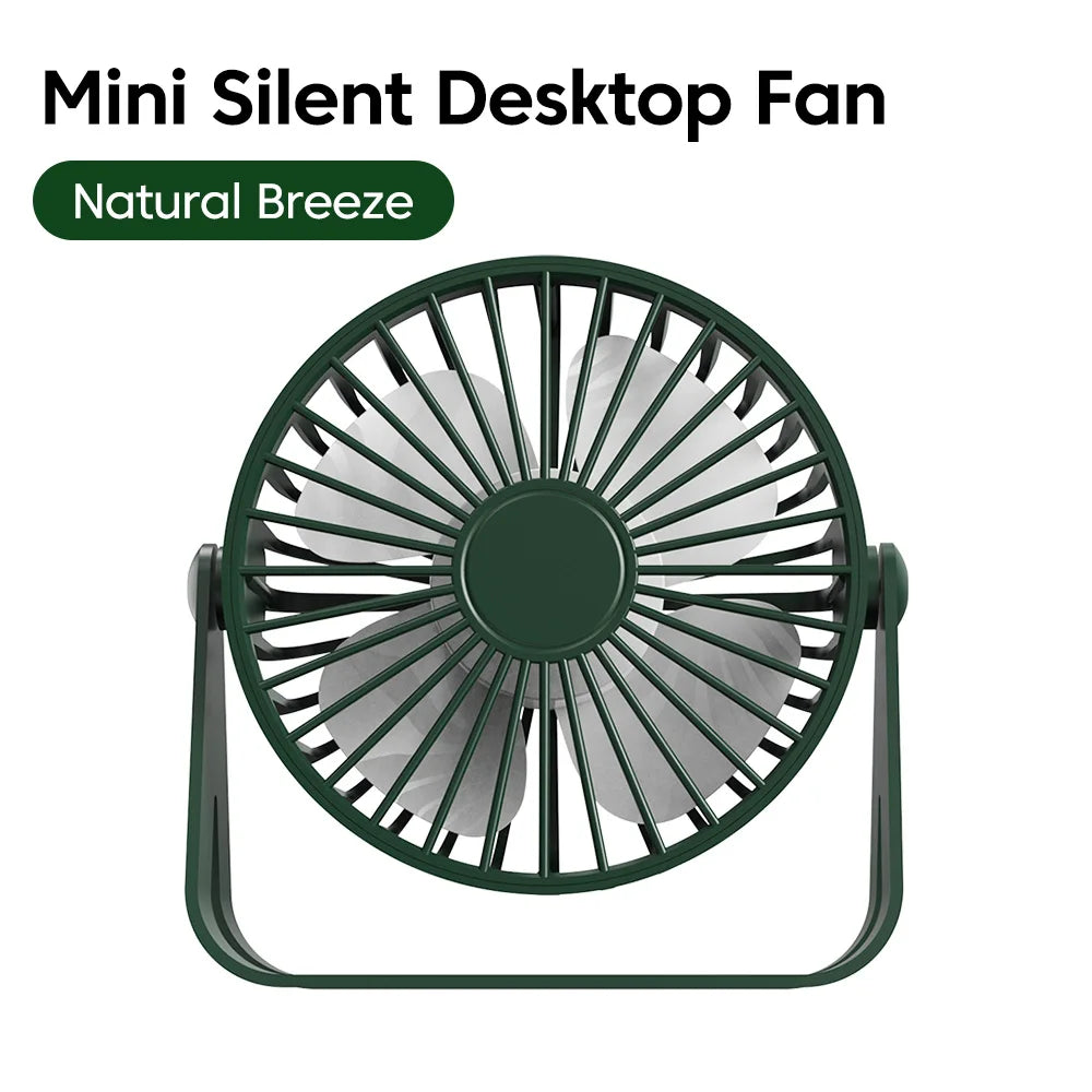 Dunkelgrüner Mini-Stille-Desktop-Lüfter mit natürlicher Brise, von vorne gezeigt.