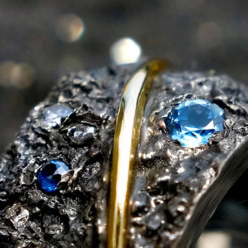 Starry Sky Blue Gemstone Ring with Silver Plating