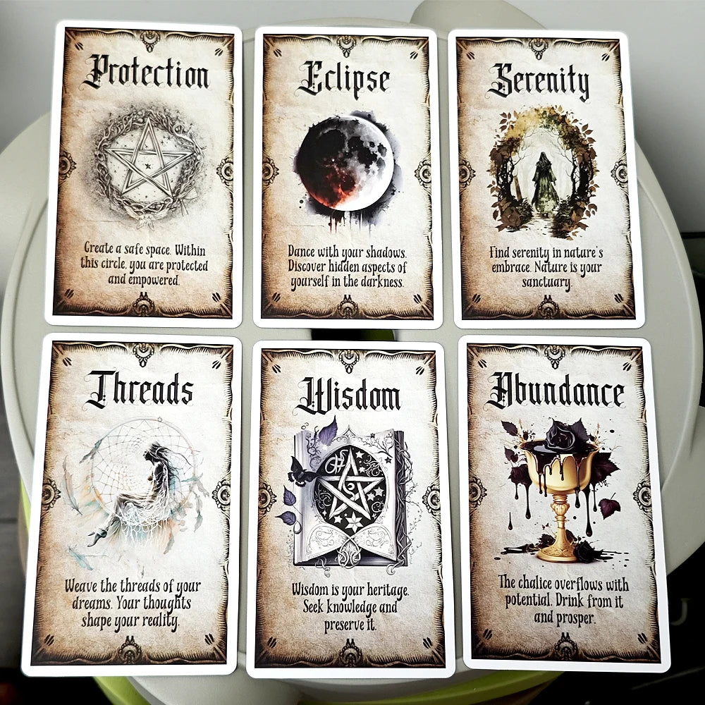 A set of ten oracle cards featuring themes like Protection, Eclipse, Serenity, Threads, Wisdom, and Abundance.