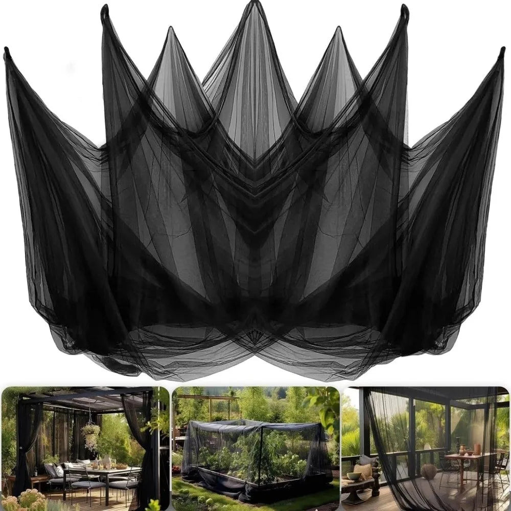 Black ultra-fine mesh garden plant protection netting displayed in a crown shape over various outdoor scenes.