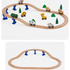 A wooden train track expansion pack featuring various animal-themed trains and track pieces.