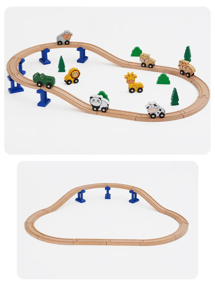 A wooden train track expansion pack featuring various animal-themed trains and track pieces.