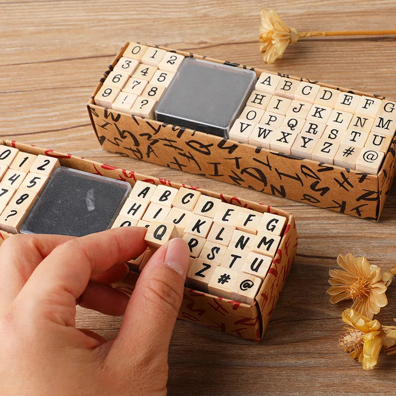 Vintage Wooden Rubber Stamp Set with Ink Pad