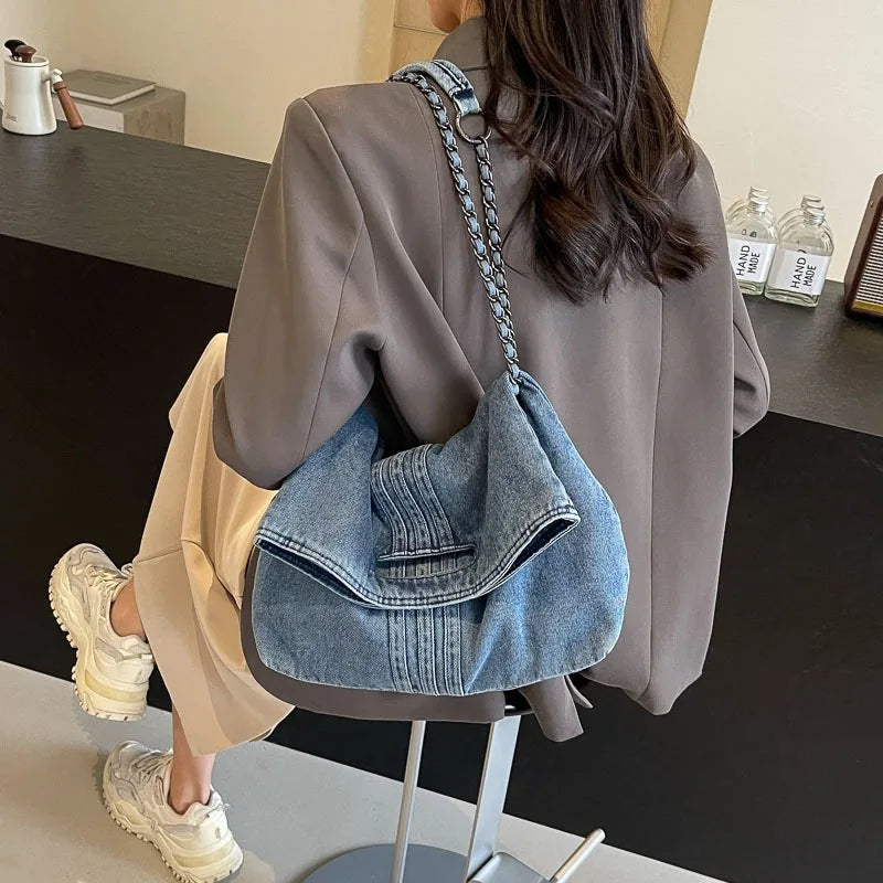Oxford Denim Tote Bag with Chain Strap