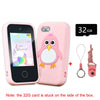 A pink kids smart phone toy with a built-in camera and a separate 32GB memory card is shown.