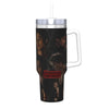 Insulated stainless steel tumbler with a straw lid featuring a dark, moody portrait.