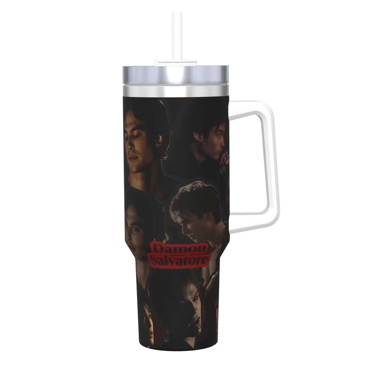 Insulated stainless steel tumbler with a straw lid featuring a dark, moody portrait.