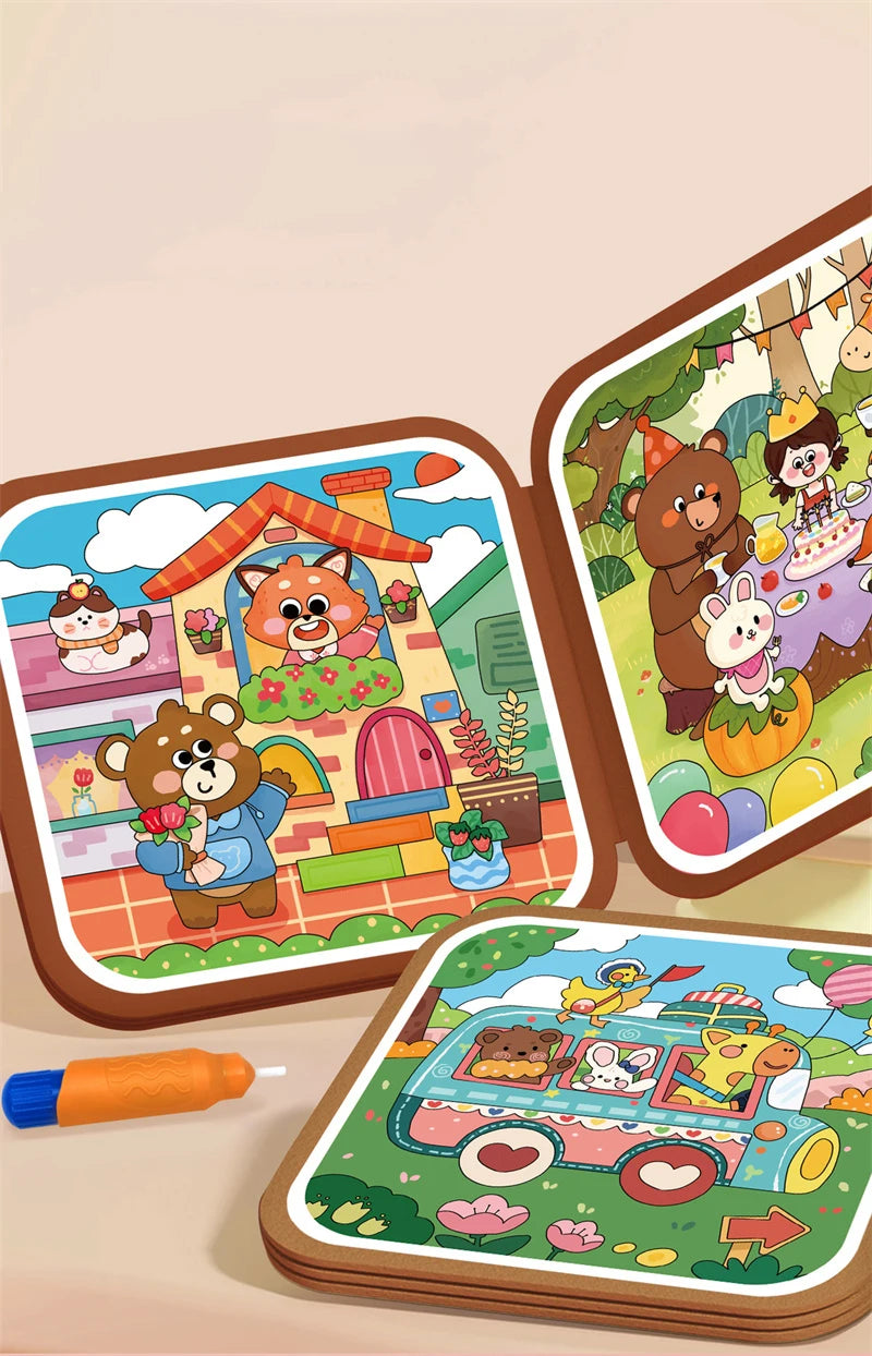 Set wiederverwendbare Wasserzeichnungen mit Waldtieren und Naturmotiven für Kinder.