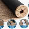 Roll of beige kitchen runner rug with natural rubber non-slip backing and related features shown.