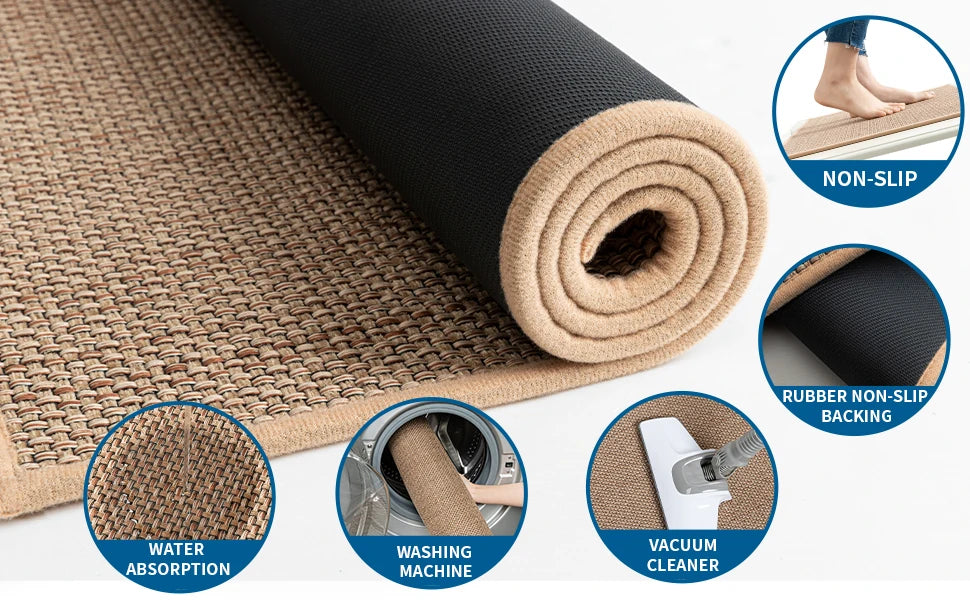 Roll of beige kitchen runner rug with natural rubber non-slip backing and related features shown.