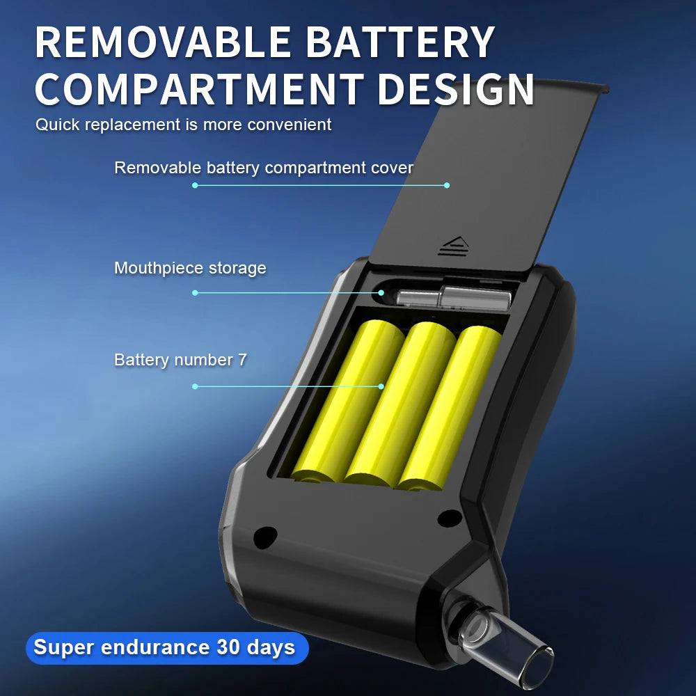 A portable digital breathalyzer device showing a removable battery compartment design with yellow batteries and storage featu